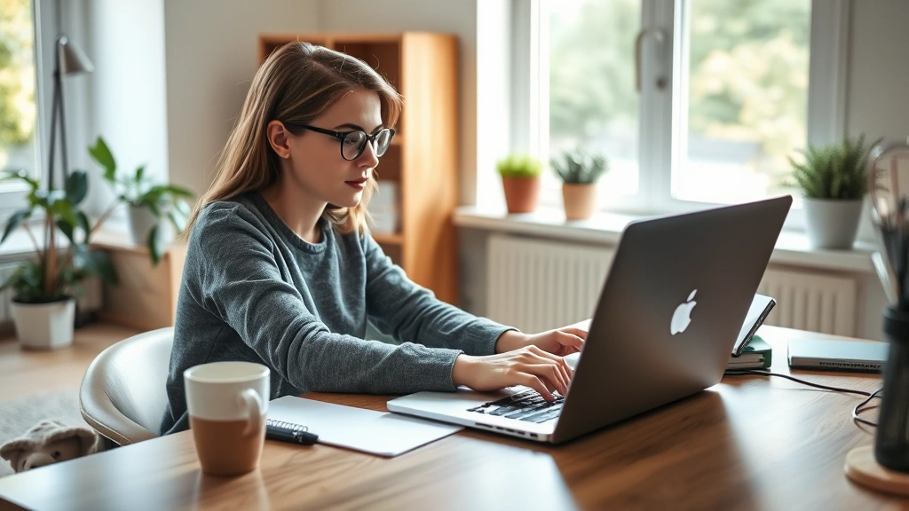 Person at desk working on laptop with coffee cup nearby, appearing focused and comfortable in home office environment, natura