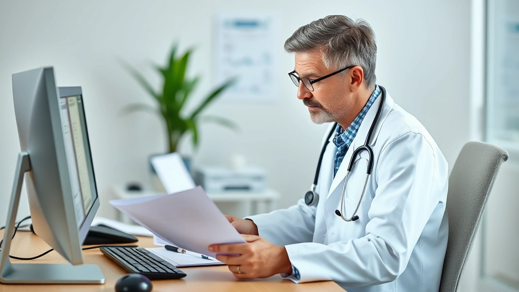 Healthcare provider in white coat reviewing medical documents at desk with stethoscope and computer