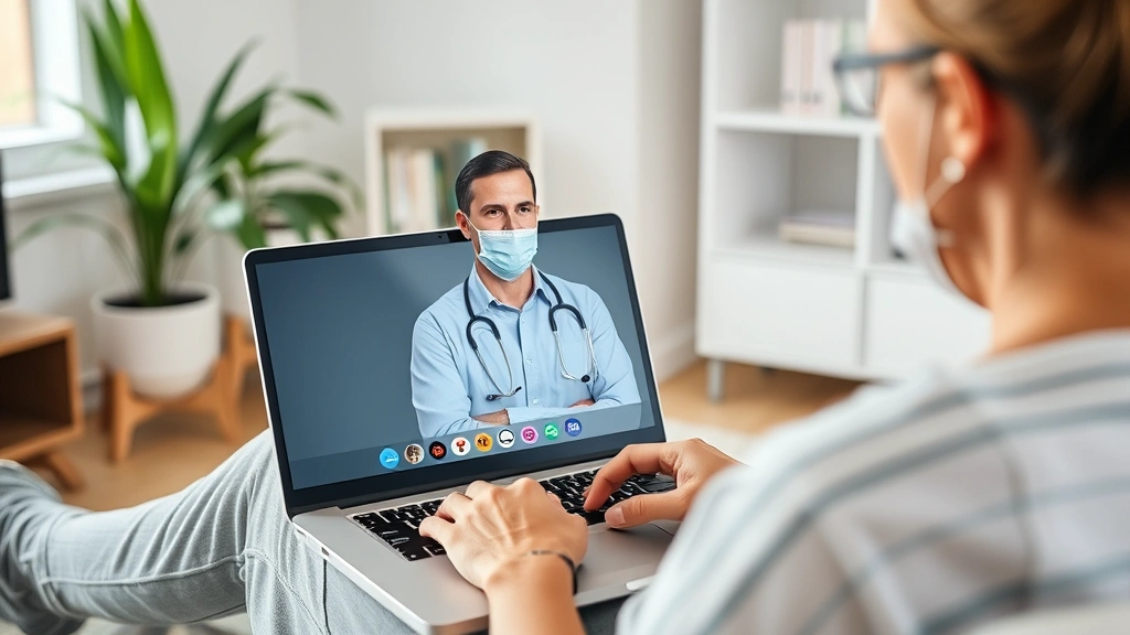 Person at home on laptop video call with doctor for telehealth appointment consultation