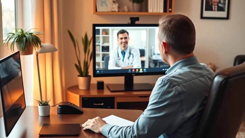 Person in home office during video call with healthcare provider on computer screen, professional medical setting, warm light