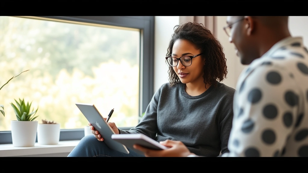 Diverse person taking notes during telehealth appointment, writing down health information, natural daylight through window,