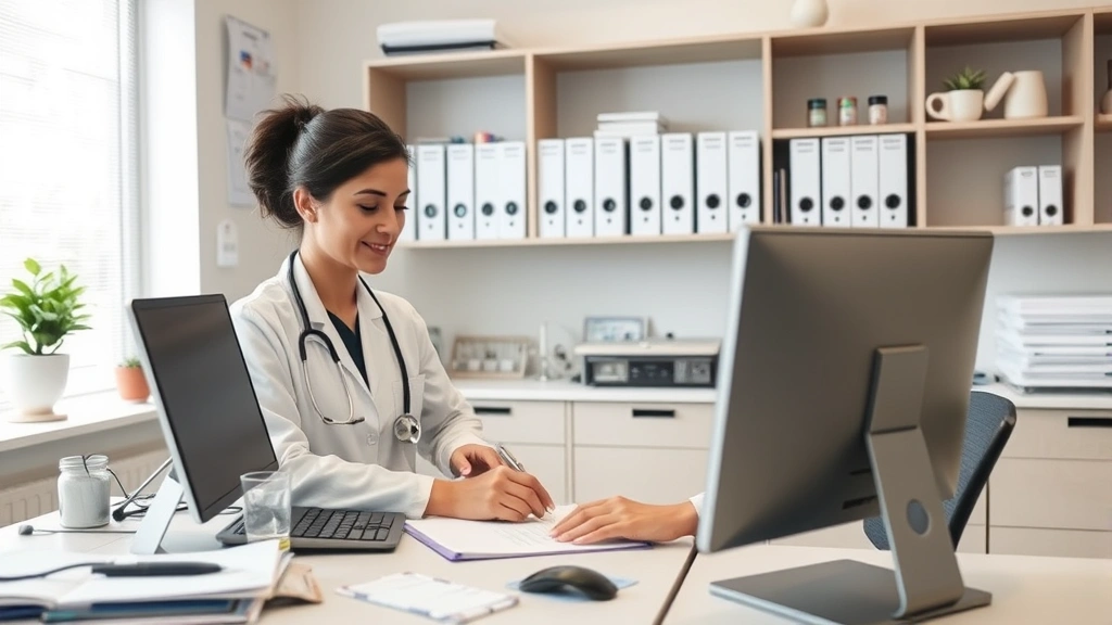 Healthcare professional at desk reviewing medical documents and typing clinical notes, organized medical office, professional