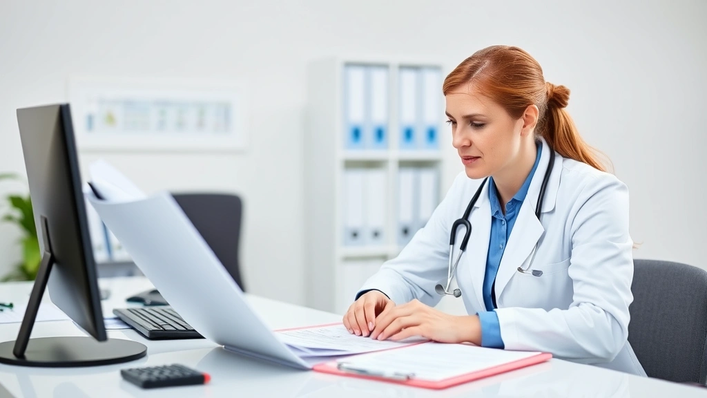 healthcare provider in white coat reviewing medical documents at desk with patient file open