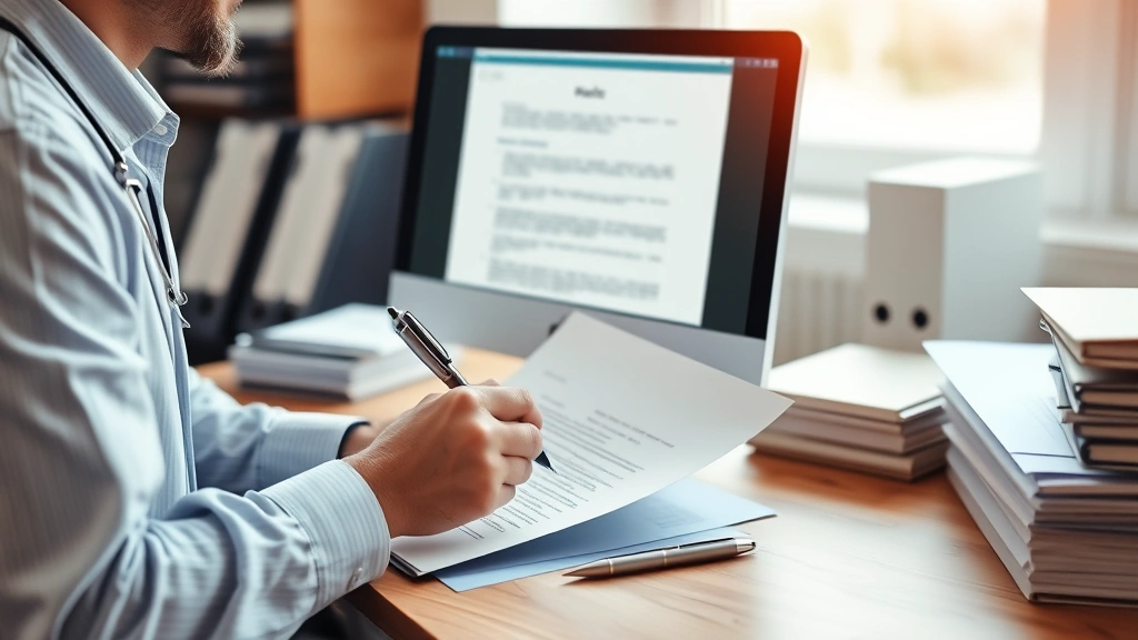 person at computer reviewing official medical letter with pen in hand, organized files nearby