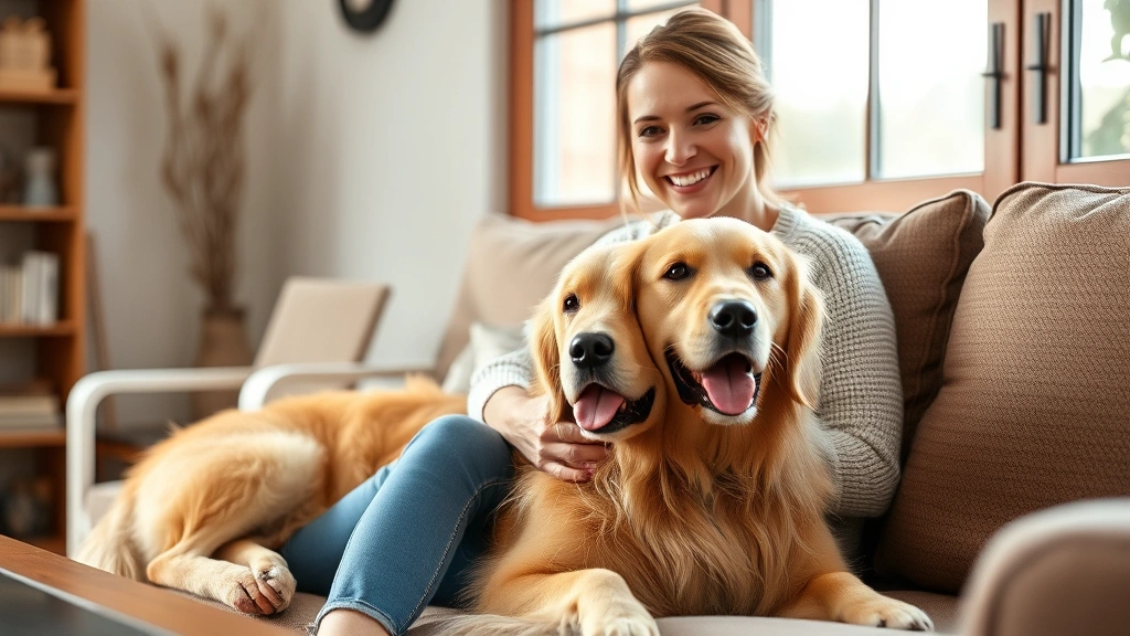 Woman sitting on couch with golden retriever, smiling peacefully, natural window light, calm living room setting