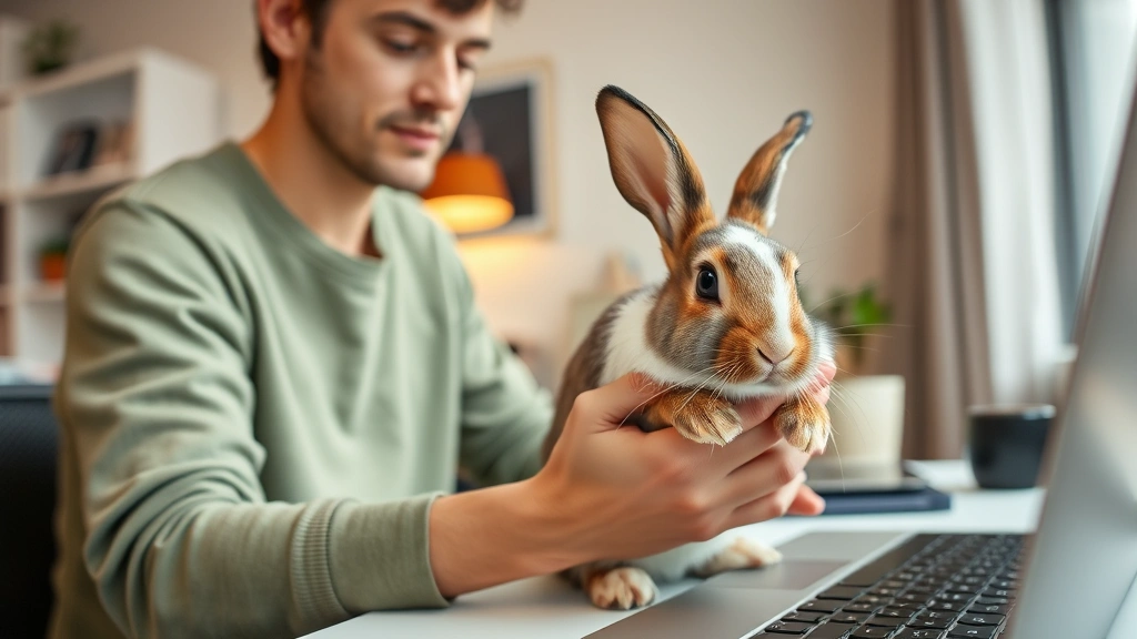 Person holding rabbit while working at desk from home, focused expression, modern apartment background, emotional support ani