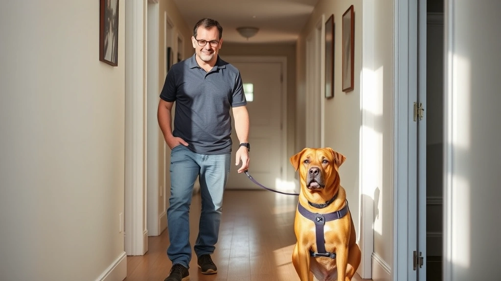 Man with service dog in apartment hallway, bright natural lighting, both appearing calm and connected, realistic home environ