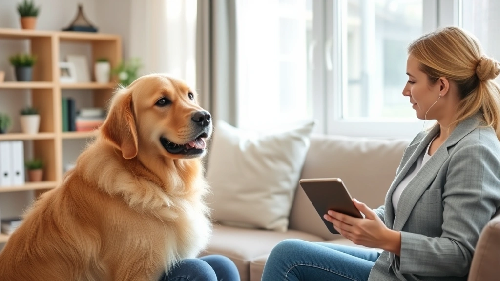 Licensed therapist conducting telehealth consultation with calm patient and golden retriever in cozy home office setting