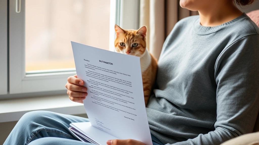 Person holding official documentation letter while sitting peacefully with their emotional support cat near window with natur