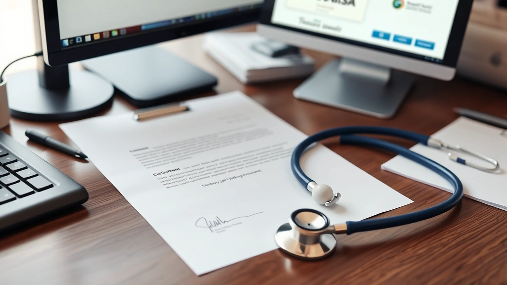 Healthcare provider's desk with professional letterhead and signed certification document next to stethoscope and computer