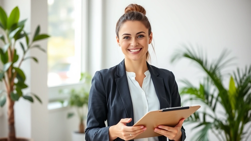 Professional female therapist with clipboard smiling warmly in modern office with plants and natural light