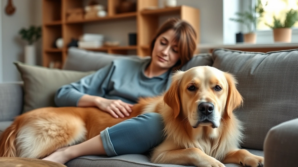 Peaceful woman sitting on couch with calm golden retriever dog providing emotional support at home