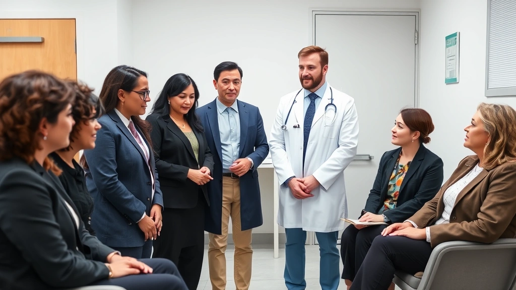 Diverse group of mental health professionals in professional attire having collaborative discussion in clinic