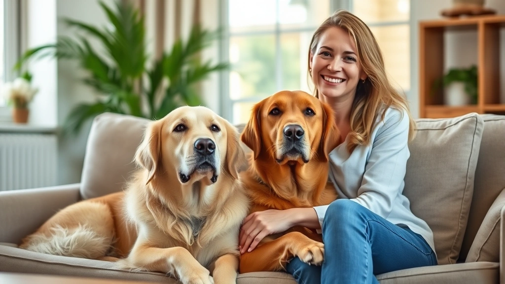 Woman sitting on couch with calm golden retriever, natural light from window, peaceful living room setting