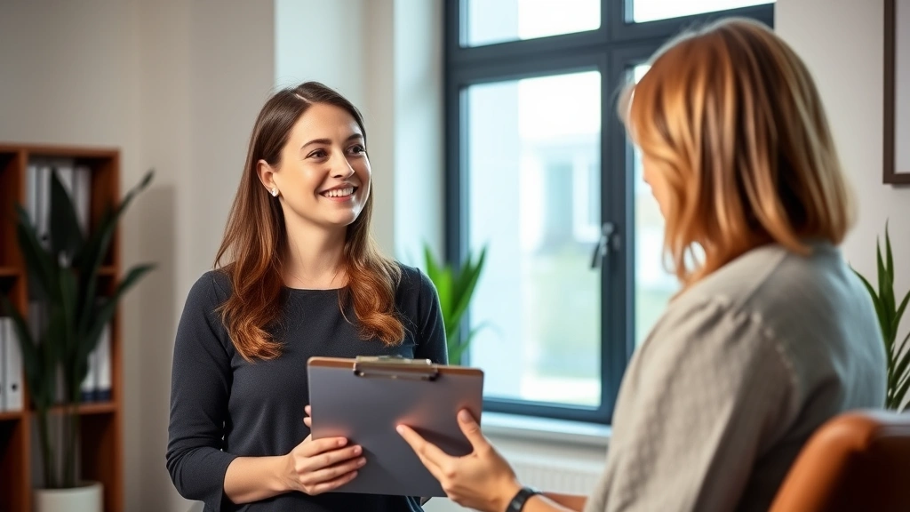 Licensed female therapist holding clipboard in modern office with window light, warm and professional setting, showing empath