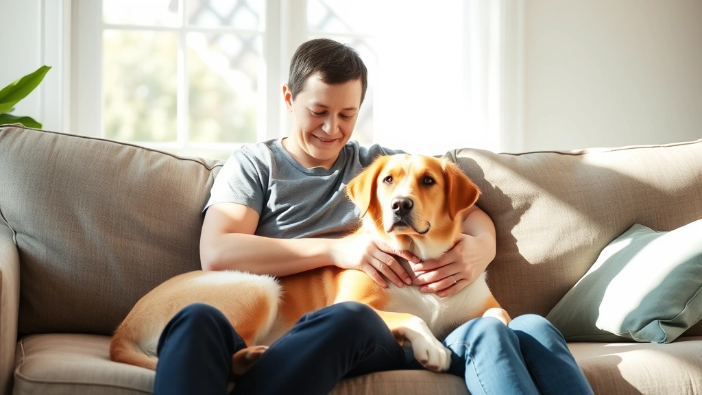 Person sitting on couch with calm emotional support dog beside them, natural sunlight, peaceful home environment, therapeutic