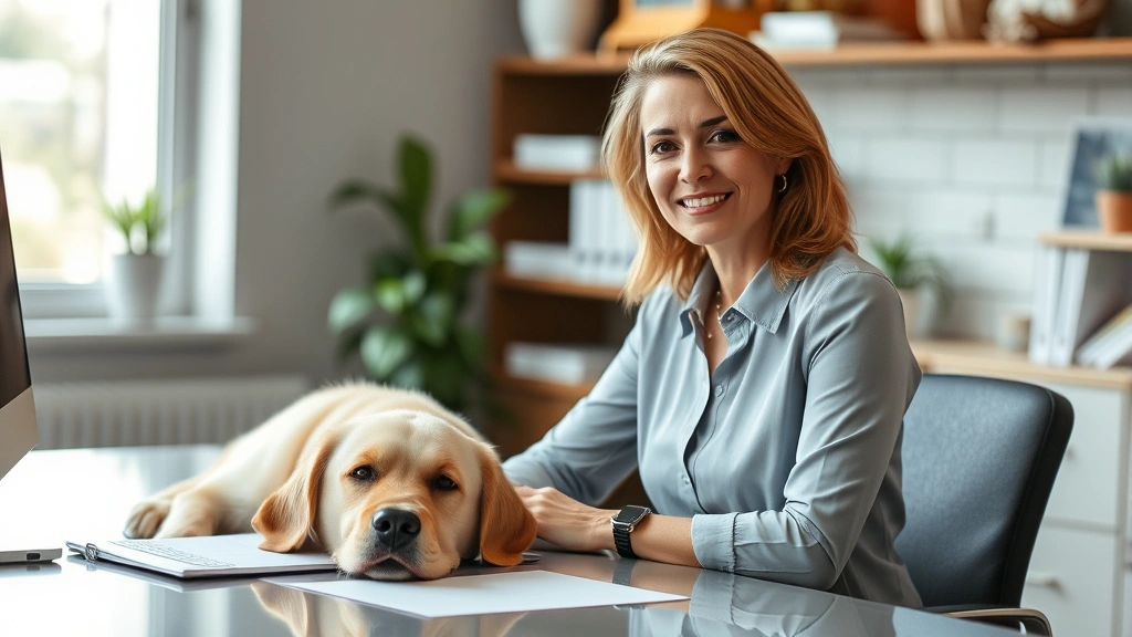 Woman at desk with calm golden retriever resting beside her, professional office setting, natural light, peaceful expression