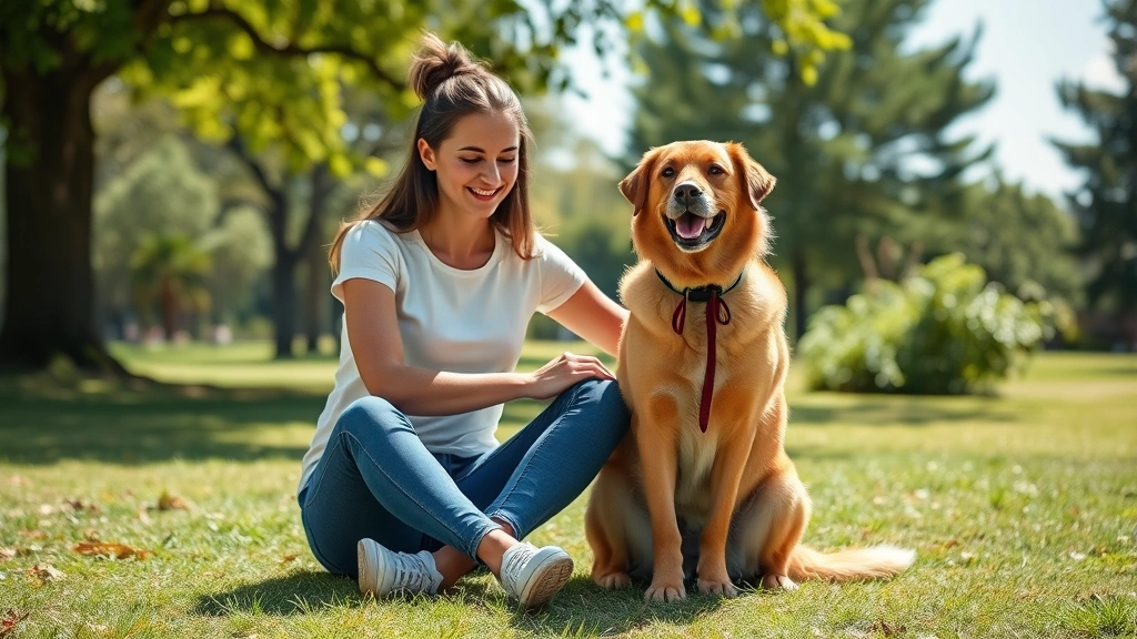 Person sitting with emotional support dog during work break, outdoor park setting, relaxed body language, clear sunny day