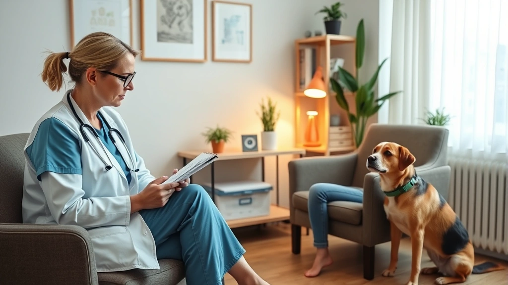 Healthcare provider's office with therapist taking notes while client sits comfortably with small dog nearby, warm profession