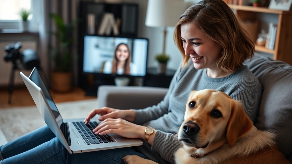 Woman smiling during video call with therapist on laptop at home with emotional support dog beside her
