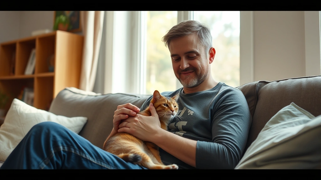 Person sitting on couch with calm expression petting their cat, natural light from window, peaceful home environment