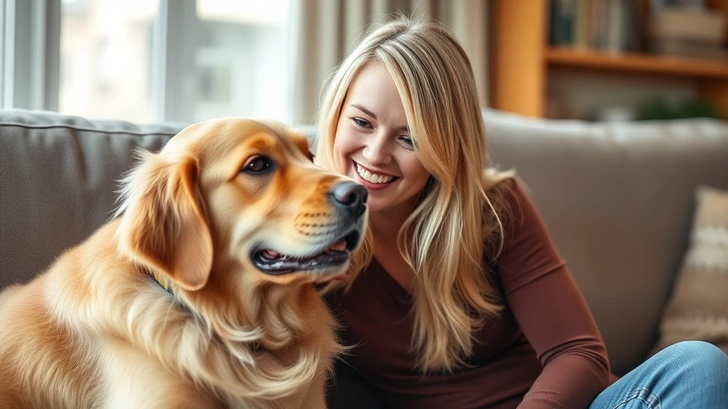 Woman with blonde hair smiling while sitting on couch with golden retriever dog, natural home setting, warm lighting, emotion
