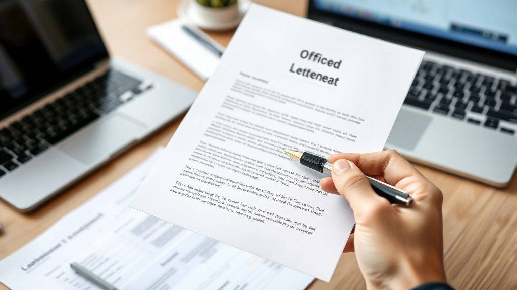 Person holding official letterhead document with pen, desk with laptop, professional paperwork, close-up detail shot of certi