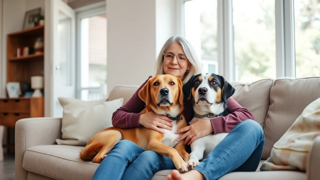 Woman sitting peacefully with emotional support dog on couch in bright living room, natural sunlight, both calm and relaxed