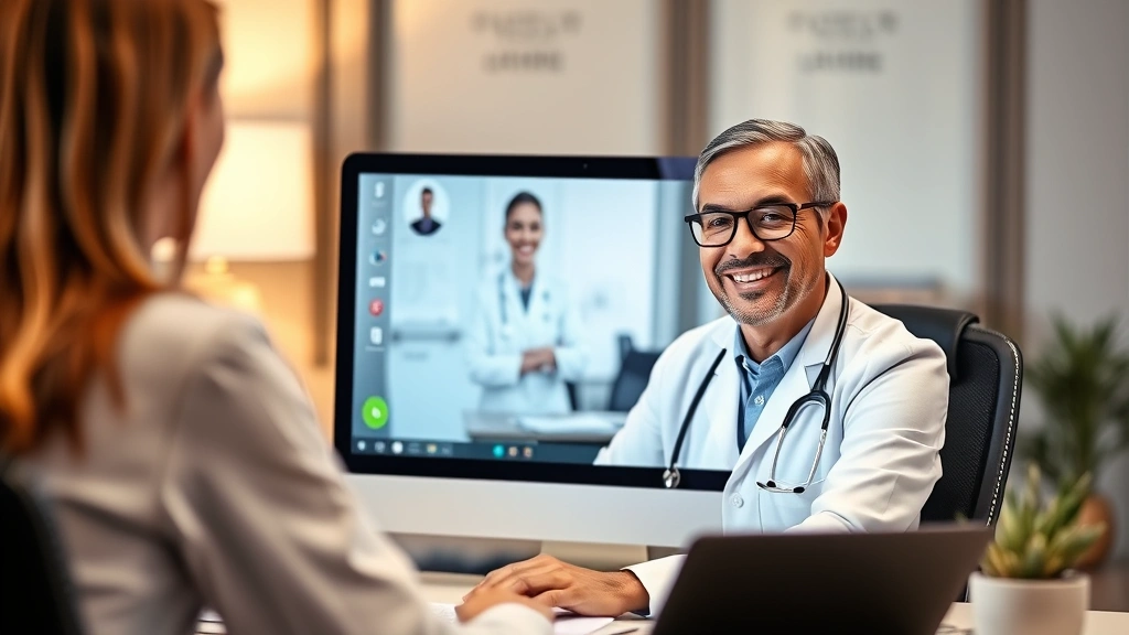 Healthcare provider in professional office with computer conducting video consultation telehealth appointment, warm lighting