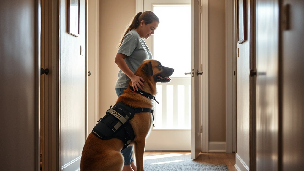 Person with service dog in apartment hallway near window, natural light, showing bond between handler and animal