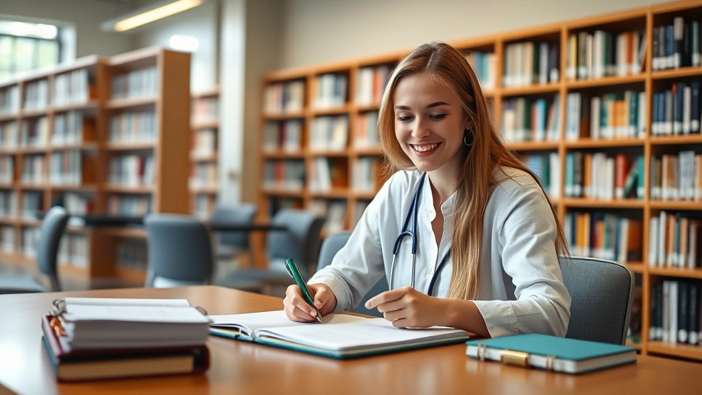 Woman graduate student studying at library desk with accessibility notebook and medical accommodation letter organized nearby