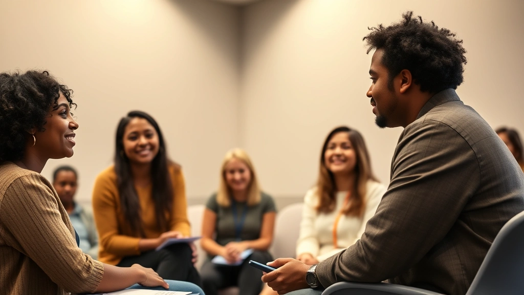 Diverse graduate students in seminar room discussing with professor, inclusive classroom environment, supportive interaction,