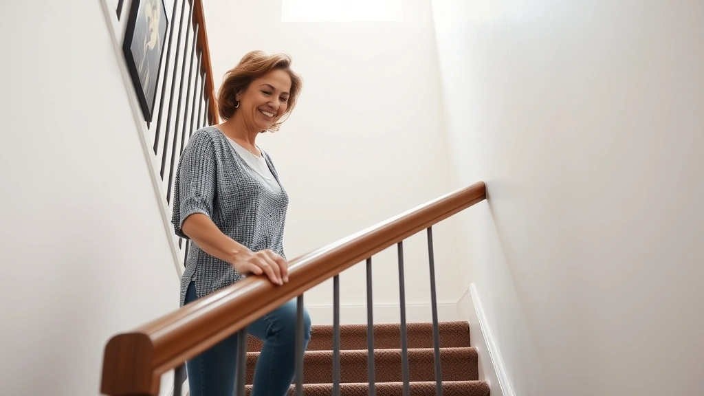Diverse woman in her 50s descending apartment stairs carefully while holding railing, natural lighting from window, showing c