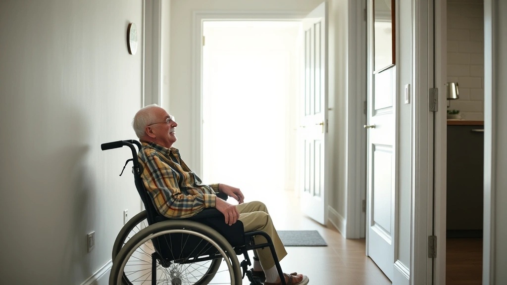 Older man sitting in wheelchair in bright apartment entryway at ground level, smiling, natural daylight, accessible door and