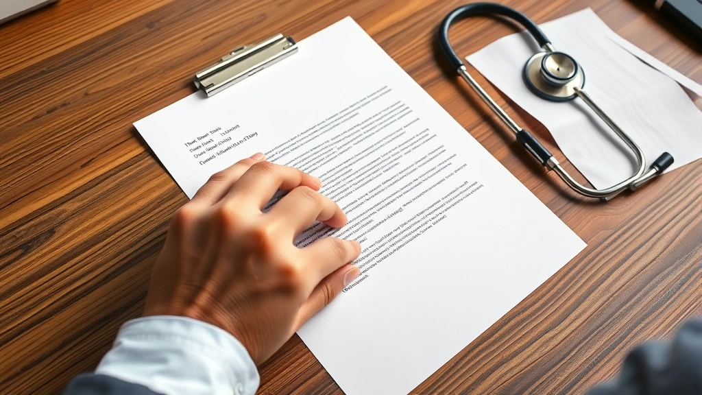 Close-up of hands holding official medical letter on doctor letterhead with stethoscope nearby on wooden desk, warm professio