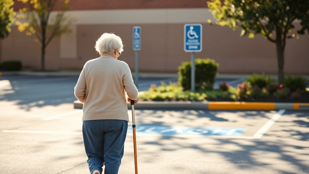 Older woman with cane walking toward accessible parking space in sunny parking lot, warm natural light, accessible parking si