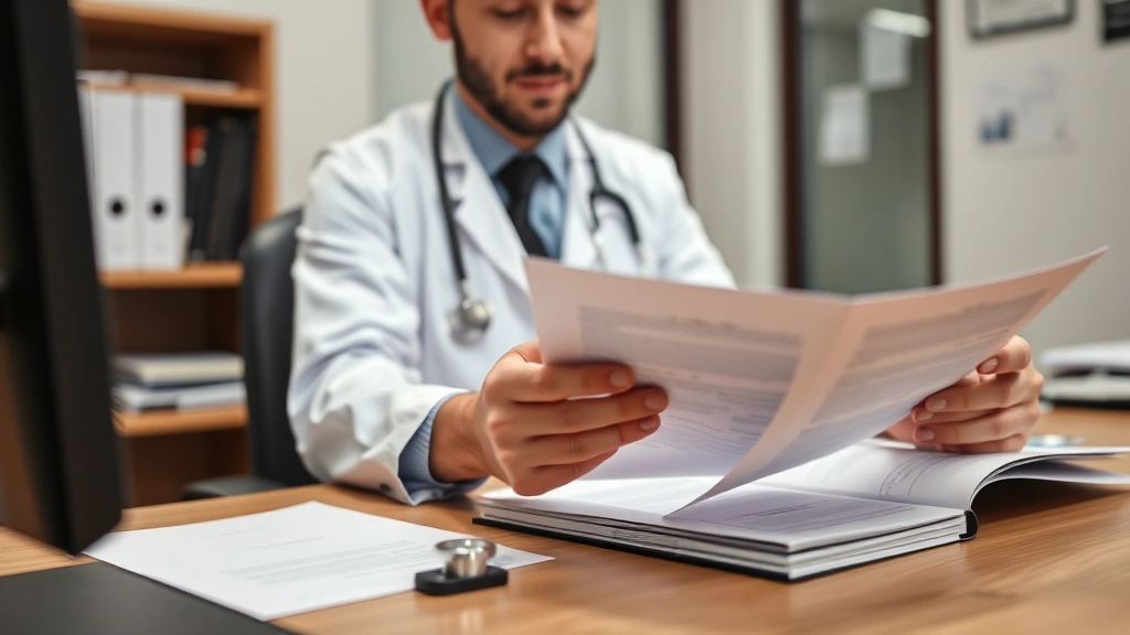 Doctor reviewing medical documents at desk with stethoscope, professional healthcare office environment, focused on paperwork