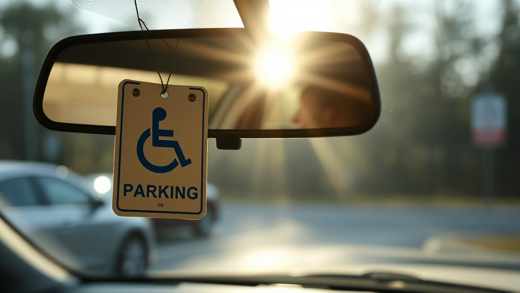 Close-up of handicap parking placard hanging from rearview mirror in car, morning sunlight through windshield