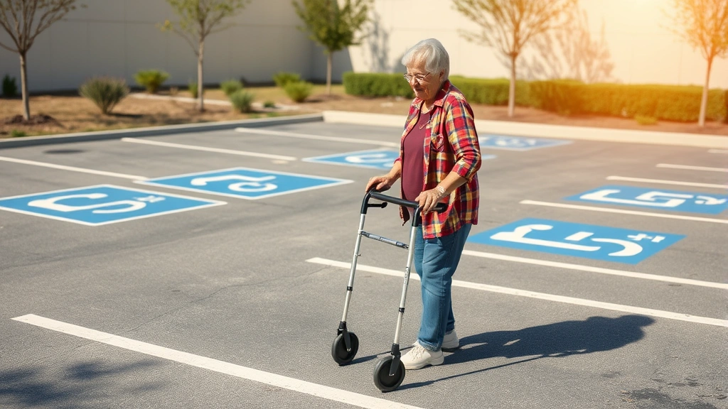 Senior woman using walker in accessible parking lot with blue handicap space markings visible, bright sunny day, outdoor acce