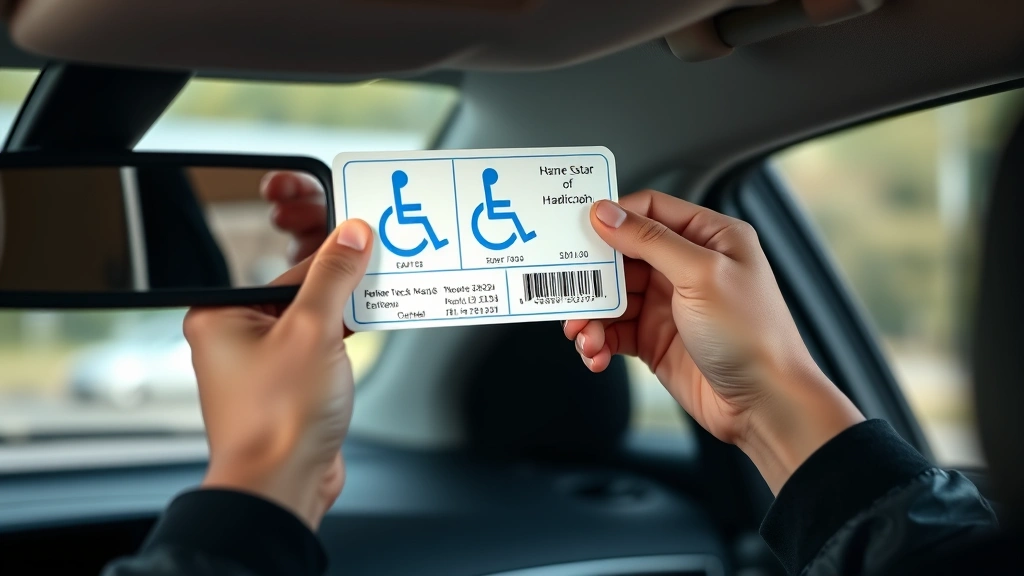 Close-up of hands holding official handicap placard near car rearview mirror, showing placard details clearly, natural lighti