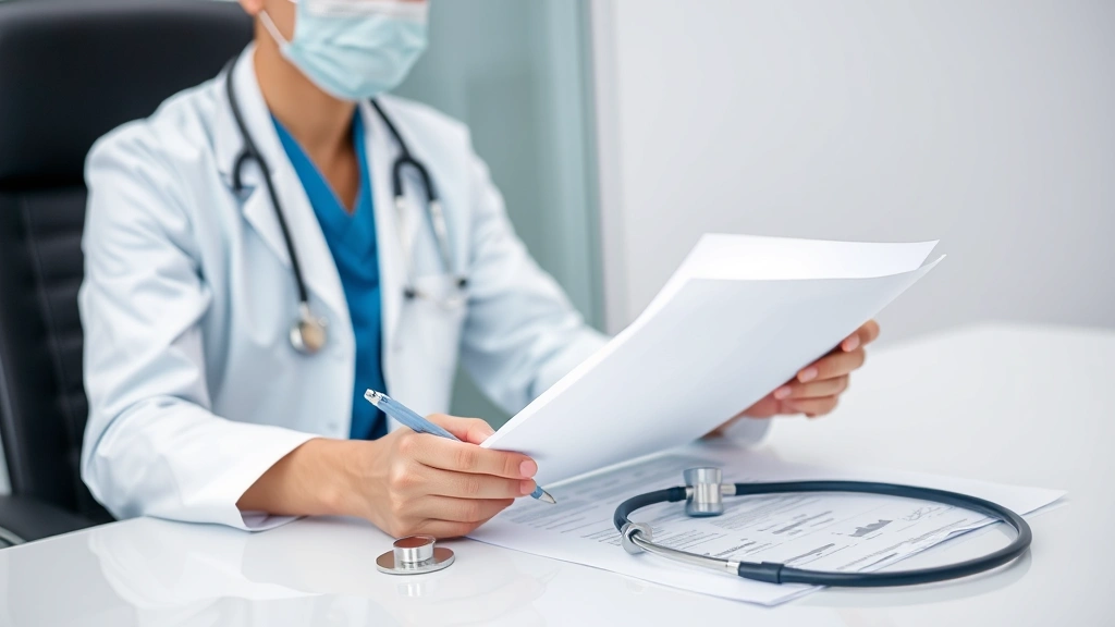 Healthcare provider at desk reviewing medical documents and patient file with stethoscope nearby, professional medical office