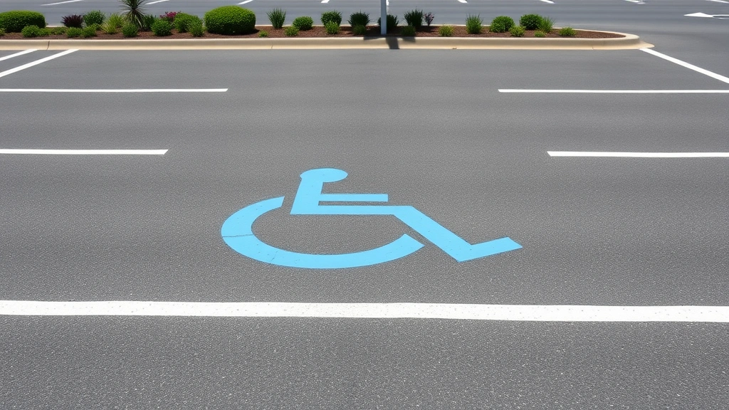 Accessible parking space with blue wheelchair symbol painted on asphalt, wide space between lines, modern parking lot on sunn