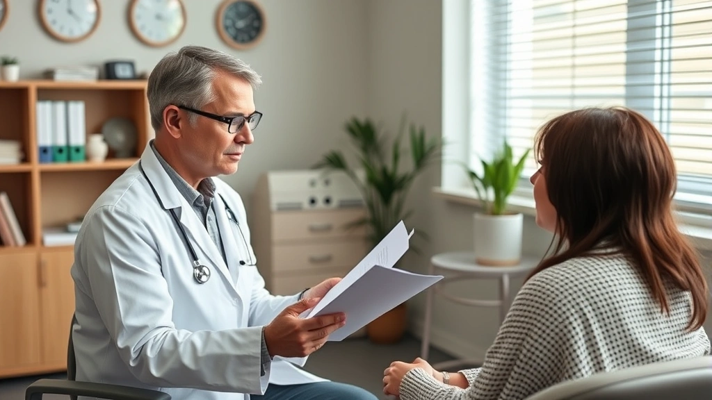Healthcare provider in white coat reviewing medical documents with patient in clinical office, compassionate consultation set