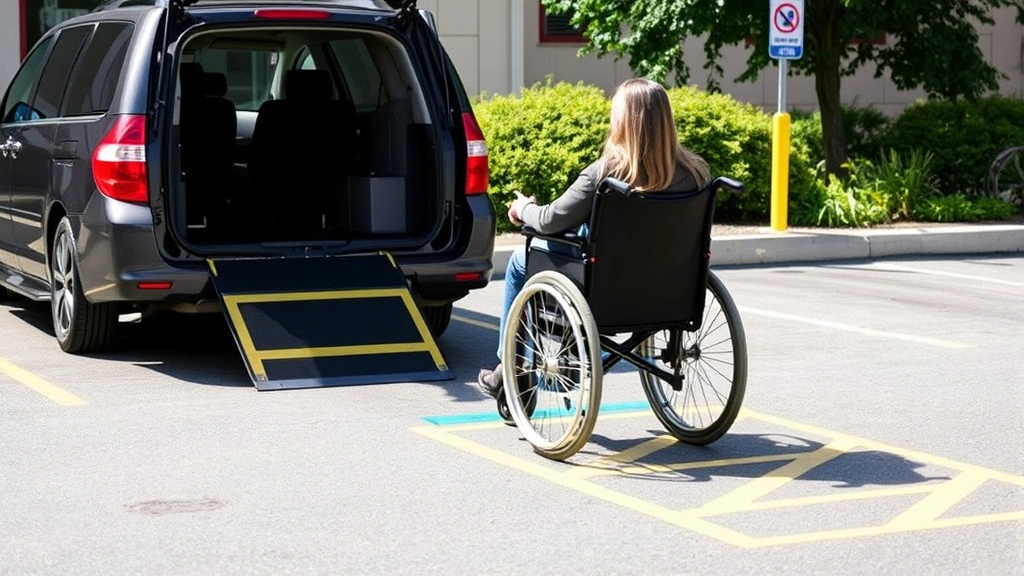 Person using wheelchair exiting vehicle from accessible parking space, showing independence and mobility assistance benefits