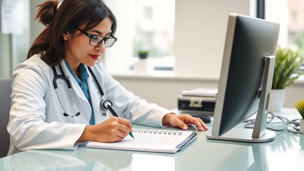 Doctor writing medical documentation at desk with stethoscope and computer, professional healthcare office environment