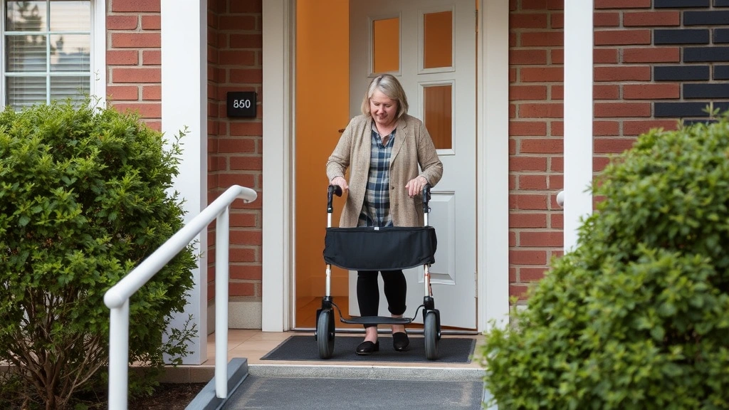 Woman with mobility aid accessing ground floor apartment entrance with accessible ramp and handrails