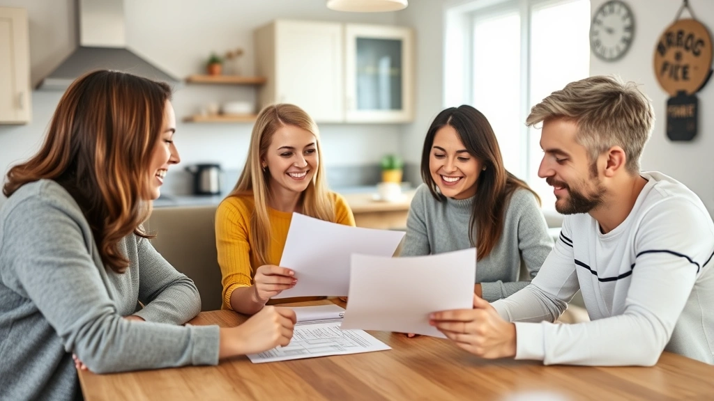 Diverse family reviewing housing lease documents together at kitchen table with positive expressions