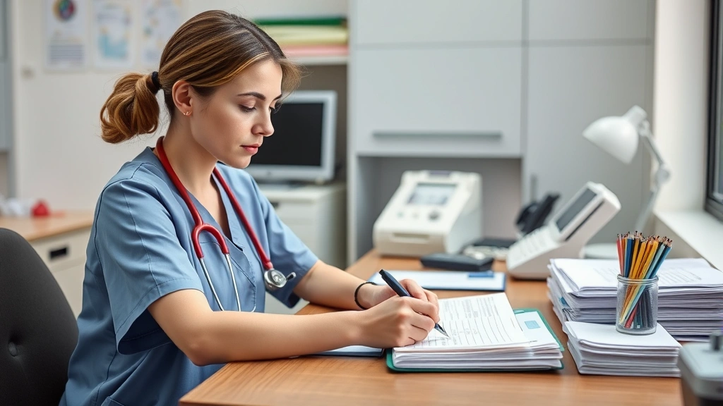 healthcare provider in clinical setting writing medical documentation at desk with patient file