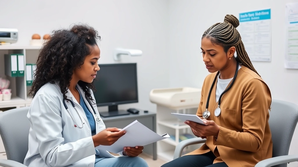 A diverse woman meeting with a healthcare provider in a clinical office setting, both reviewing medical documents together