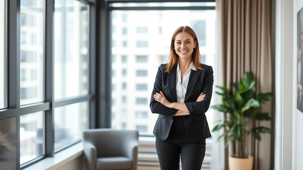 A professional woman in business attire standing confidently in a modern apartment near a window, smiling